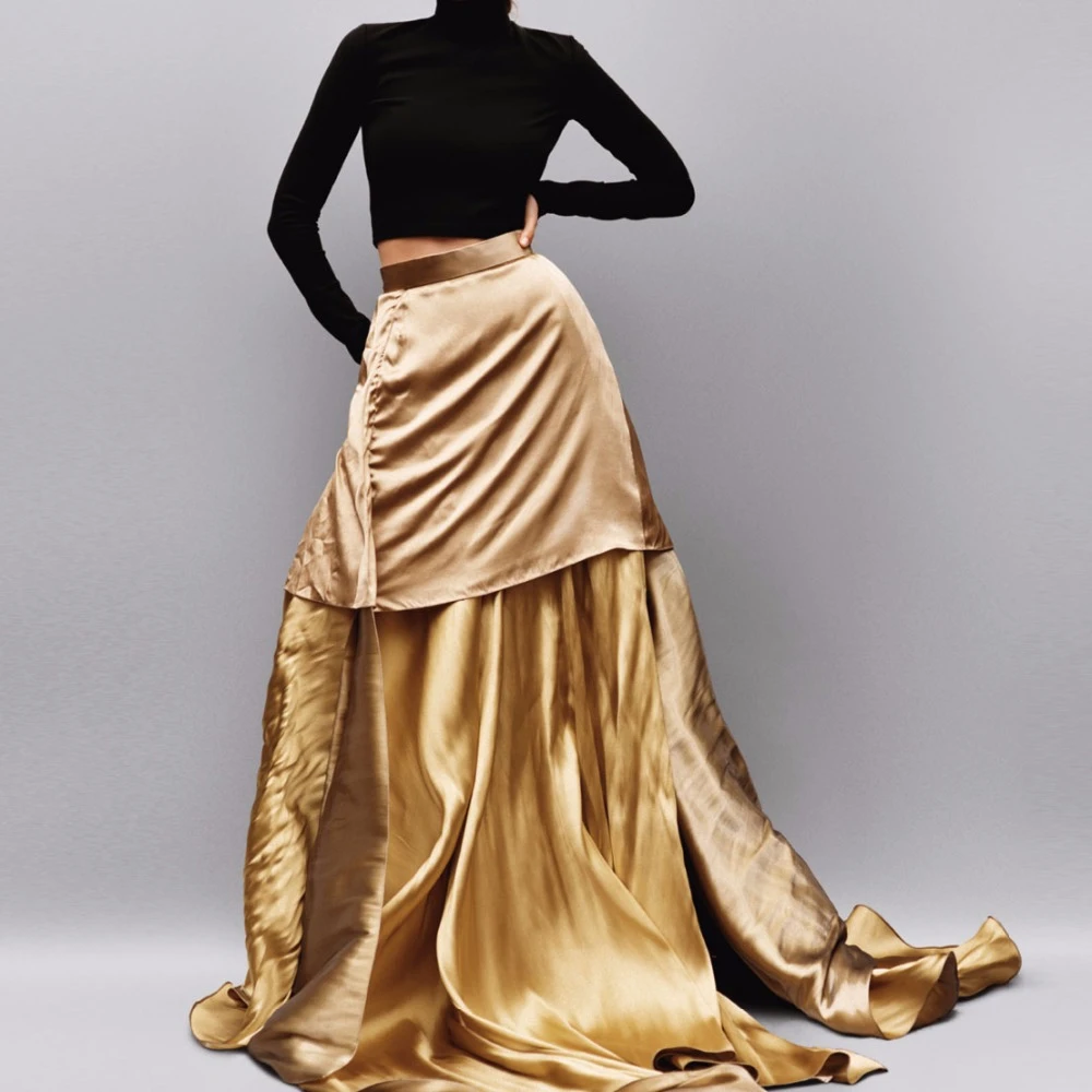 Faldas largas elegantes de dorado para mujer, faldas de gama alta con cremallera, línea A, a con para de Navidad, Saias 2018|satin skirts for women|satin skirta-line skirt -