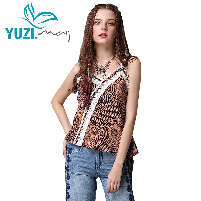 

Top Female 2018 Yuzi.may Boho New Chiffon Women's Shirt V-Neck Floral Print Lace Patchwork Flare Hem Tops B9239 T-shirts
