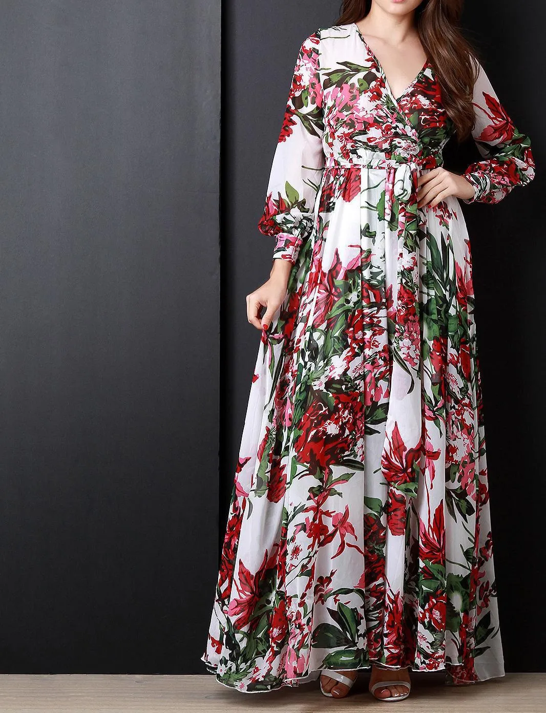 

2019 Women's Long Sleeve Pleated Chiffon Dresses Floral Print Maxi Long Dress Sashes V-Neck Plus Size Dress Vestidos