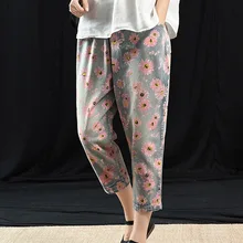 BUYKUD, женские джинсы, брюки, цветочный принт, Femme Pantalon, шнурок на талии, свободные, длина по щиколотку, брюки, новинка