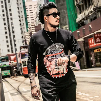 

Brand large size5XL 6XL Men's Round neck Long sleeve T-shirt Black Trousers T-shirt Autumn Hooded Bulldog Animal Print T-shirt