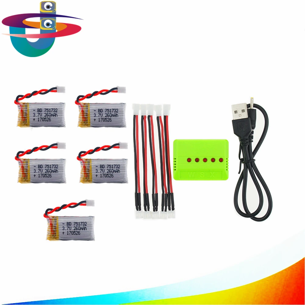 

5Pcs 3.7V 260mAh 2.0 Connect Lipo Battery and Charger X5 For E010 E011 E013 H36 Quadcopter Mini