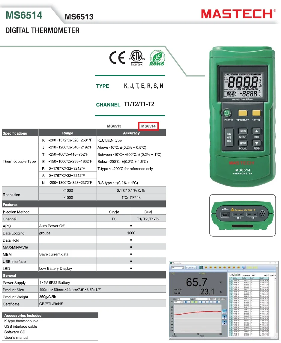 MASTECH MS6514 двухканальный цифровой термометр тестер температуры с интерфейсом USB 1000 наборы данных KJTERSN термопара