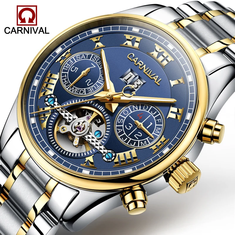 

Carnival Watch Men tourbillon Automatic Mechanical Stainless Steel Waterproof multifunction Blue Dial Watches