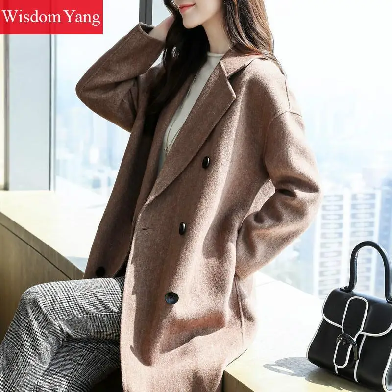 Pardessus De Coréenne Mince Manteau Élégant Casual Lady D'hiver Femmes Café Femelle Manteaux Moutons Poches Survêtement Xlong Laine Coffee Bouton Yq66HxnR1O