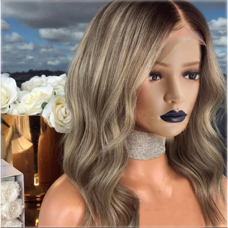 Anogol  Short Body Wave 14" Heat Resistant Hair Dark Rooted Ombre Blonde Synthetic Lace Front Wigs For Black Women
