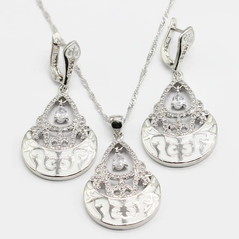 

White Semi-precious 925 Sterling Silver Bridal Jewelry Sets For Women Birthday Christmas Earrings Necklace Pendant Gift Box