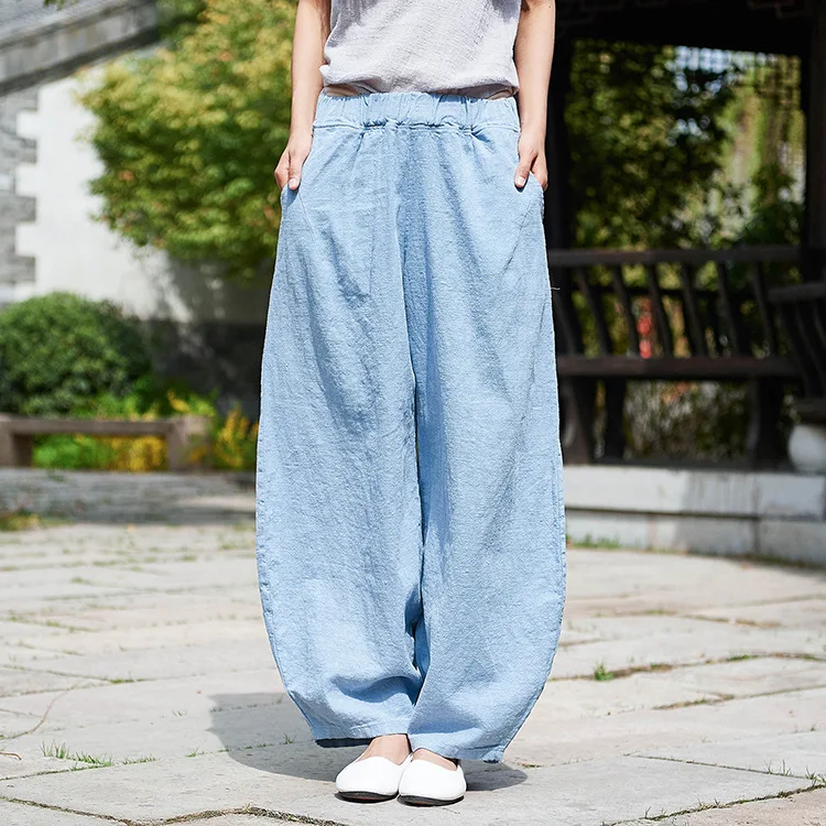 LZJN 2019 New Women Solid Color Pockets Loose Pants Vintage Elastic Waist Cotton Linen Wide Leg Full Length Pants (18)
