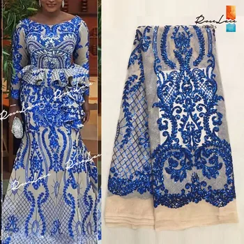 

Royal Blue Color Fashion Design Sequined Net Lace Fabric African Mesh Lace Fabric For Women Party Dresses Sewing Guipure Fabrics