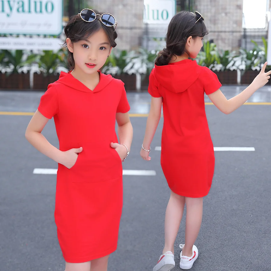 

Baby Girls Sweatshirt Dress Kids Summer Dresses Casual Solid Short Sleeve Hooded Tshirt Dress Children Cotton Dress Costume