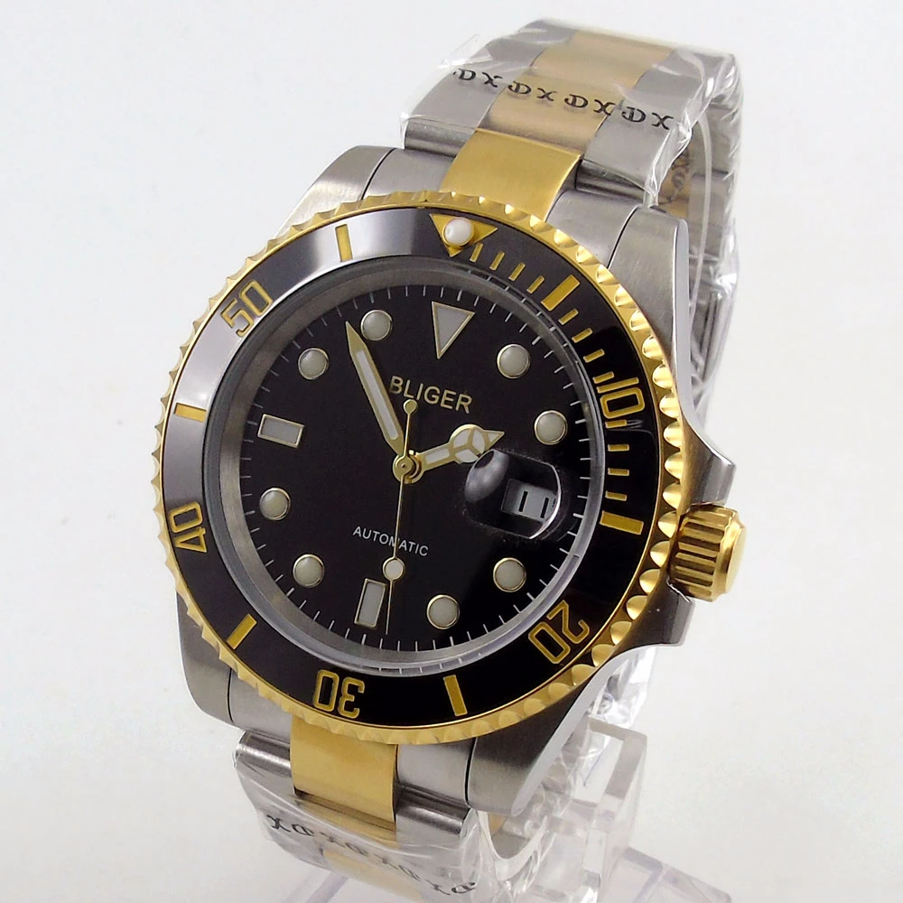 40 мм черный циферблат Мужские часы золотые отметки светящийся сапфир стеклянный керамический ободок Автоматические наручные часы