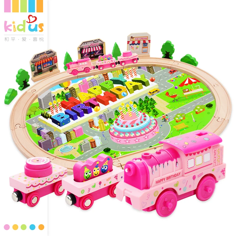 

Zalami 39PC Pink wooden train children birthday gift Round Railway musical Track Kids Toy Hand Crafted play set DIY