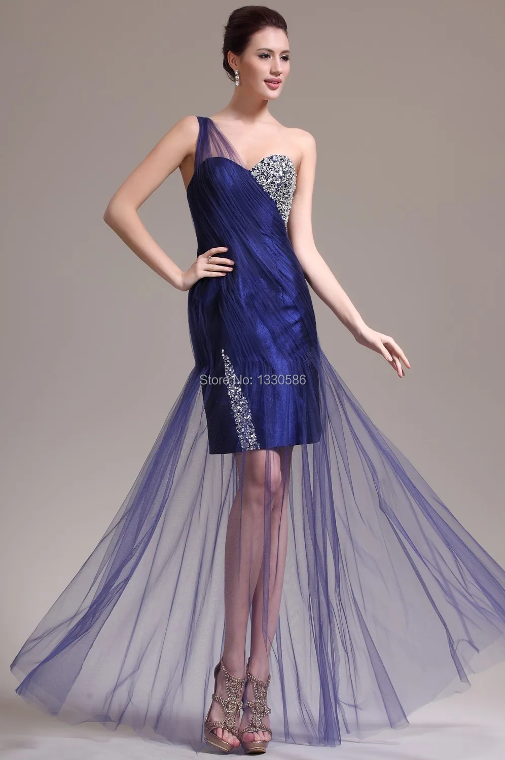 One Shoulder Crystal Beaded See Through Sheer Tulle Long Royal Blue