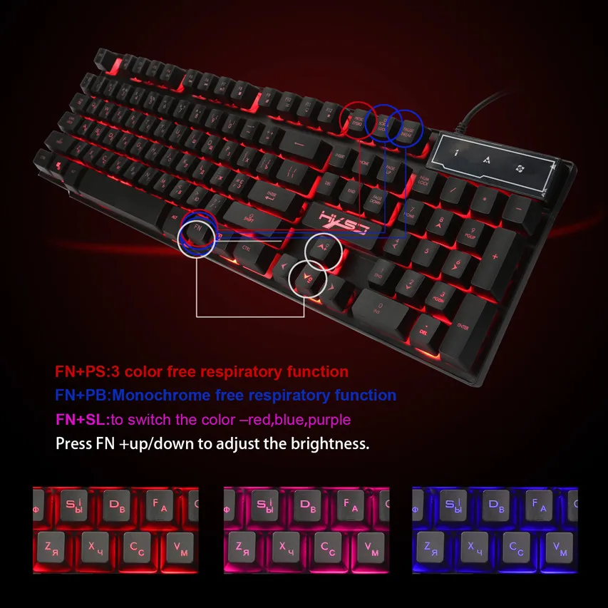 HXSJ R8 Russisch/Engels Gaming Toetsenbord Drijvende LED 3 kleur ... HXSJ R8 Russisch/Engels Gaming Toetsenbord Drijvende LED 3 kleur ...
