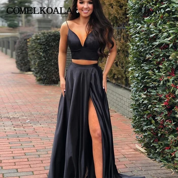 

Sexy Two Piece Prom Dress With High Slit Simple Satin Plus Size Custom Made Formal Long Evening Gown Women Special Event Dresses