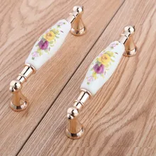 96mm 128mm modern fashion rural ceramic furniture handles bright golden kitchen cabinet dresser door handles flower porcelain 5″