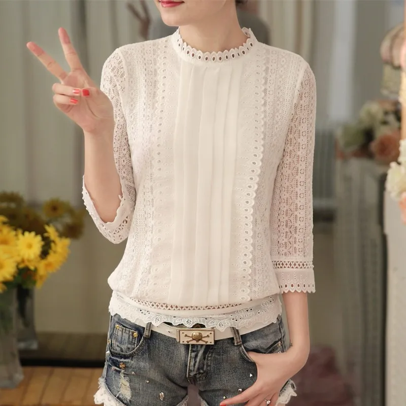 

New Plus Size Women Blouses Tops Korean Style women Chiffon Shirts spring Three Quarter Sleeve Stand Collar Clothes 61J 25