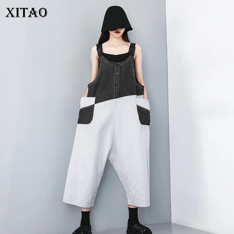

XITAO White Black Hit Color Hip Hop Jumpsuit Pocket Patchwork Street Women Clothes 2019 New Summer Ankle-length Trouser WLD1150