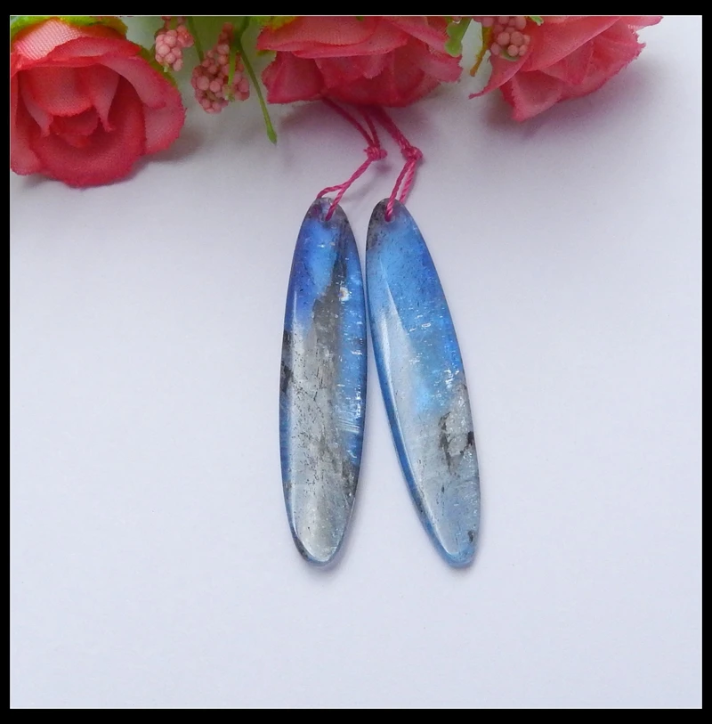 

Sales 1Pairs Natural Stone Blue Kyanite Gemstone Oval Shape Long Earring Bead 48x10x4mm 8.6g