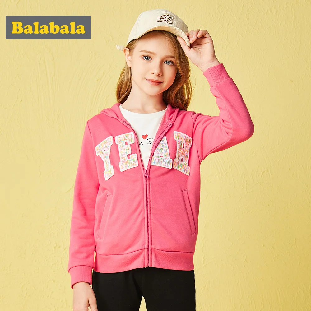 

Balabala Girl Sequin Graphic Hooded Jacket with Pocket Teenage Girl Full-Zip Jacket with Hood Cotton Sport Jacket Zip Hoodie