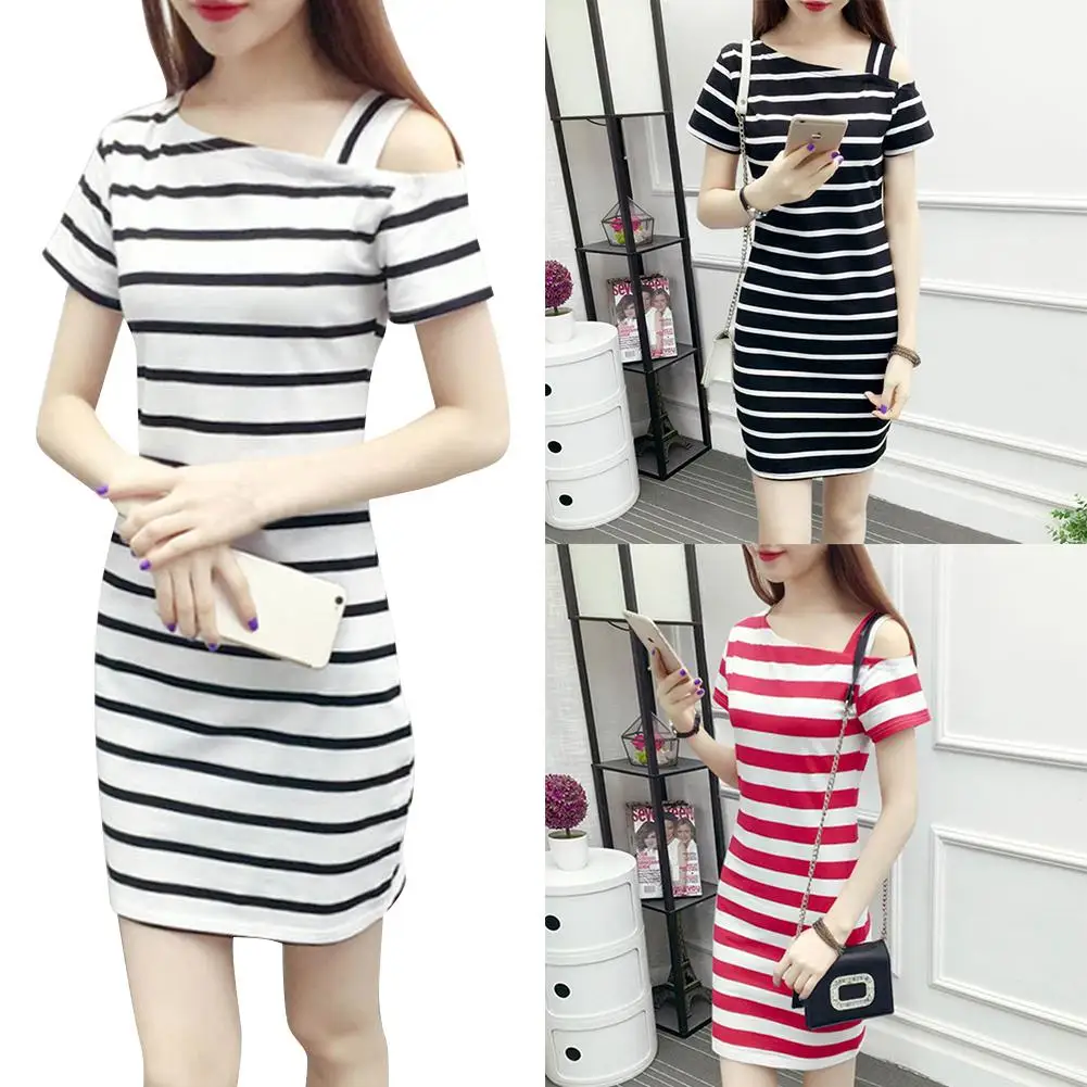 

Cheap Summer T-shirs Boat Neck Oblique Shoulder Cotton Striped Medium Style Short-sleeved Casual Tshirs