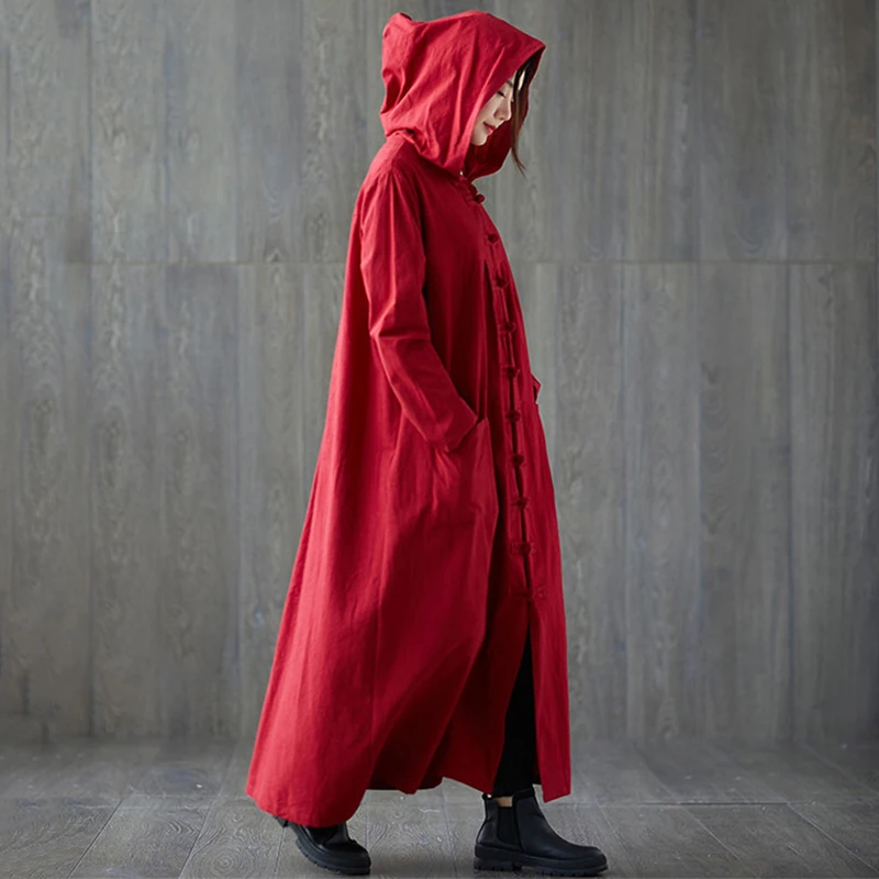 

Trench coat Long Coat Plus size Hooded Vintage Ethnic Cotton Linen Coat Women Overcoat