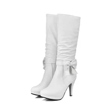 NASBAVI/Новые модные осенне-зимние женские сапоги до середины икры из искусственной кожи с плюшевой подкладкой и бантом, с круглым носком, на молнии сбоку, на высоком каблуке