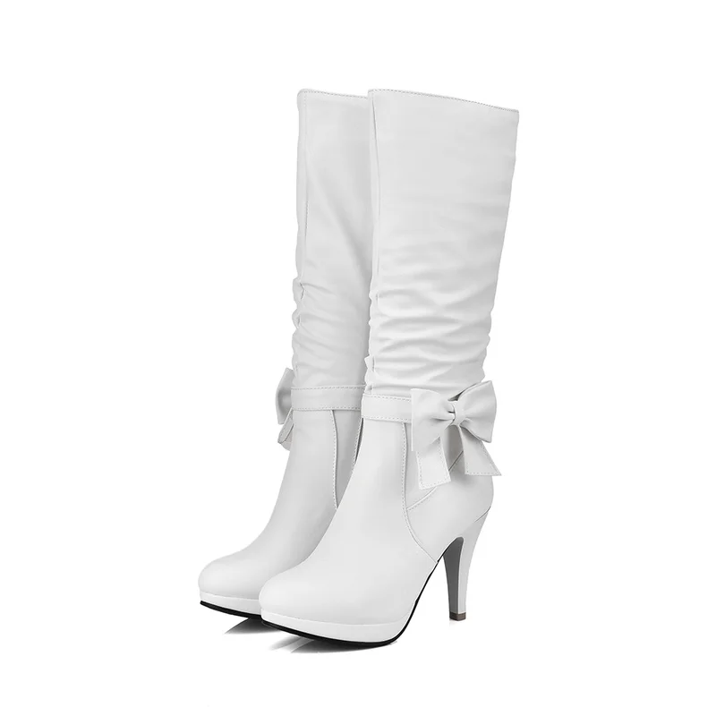 Cena NASBAVI jesień i zima nowa moda PU skóra pluszowe podszewka Bow węzeł okrągły palec u nogi kobiet z boku na zamek błyskawiczny w połowie buty na obcasie wysokie obcasy