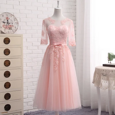 Modabelle скромное кружевное платье подружки невесты рукава Серый/Шампань/Розовый Vestidos Dama De Casamento вечерние платье для гостей на свадьбе - Цвет: Tea Length