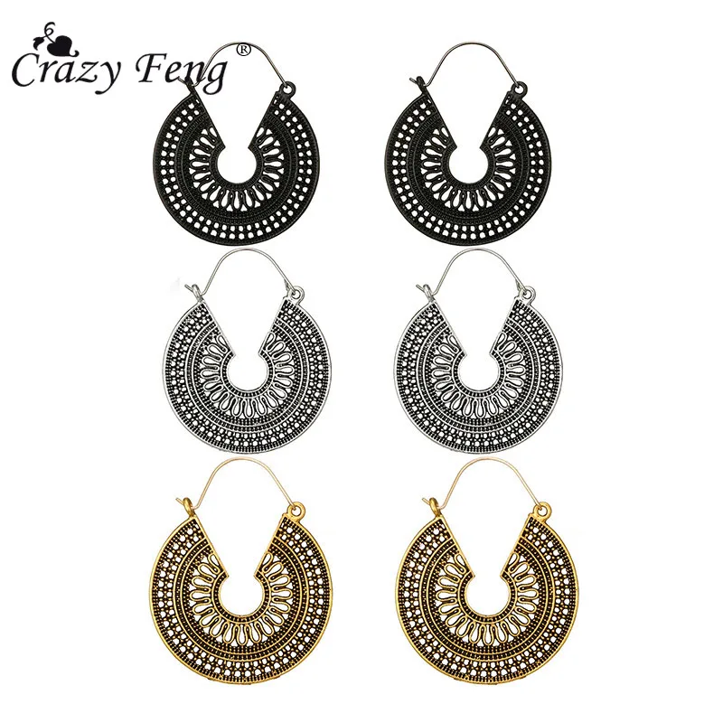 

Crazy Feng 2018 Vintage Gypsy Ethnic Drop Earrings Antique Gold Hollow Pattern Tribal Dangle Earrings For Women Indian Jewely