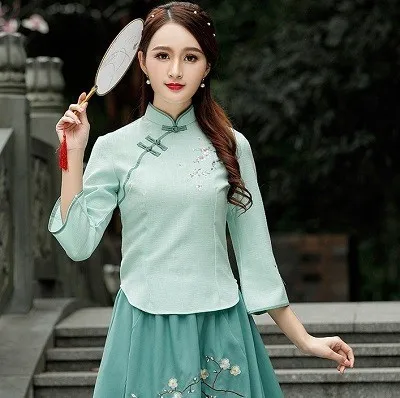 Chinois Топы Camisa китайский женский костюм Cheongsam блузка Vetement чайный костюм-платье традиционная китайская одежда женская рубашка Qipao - Цвет: green