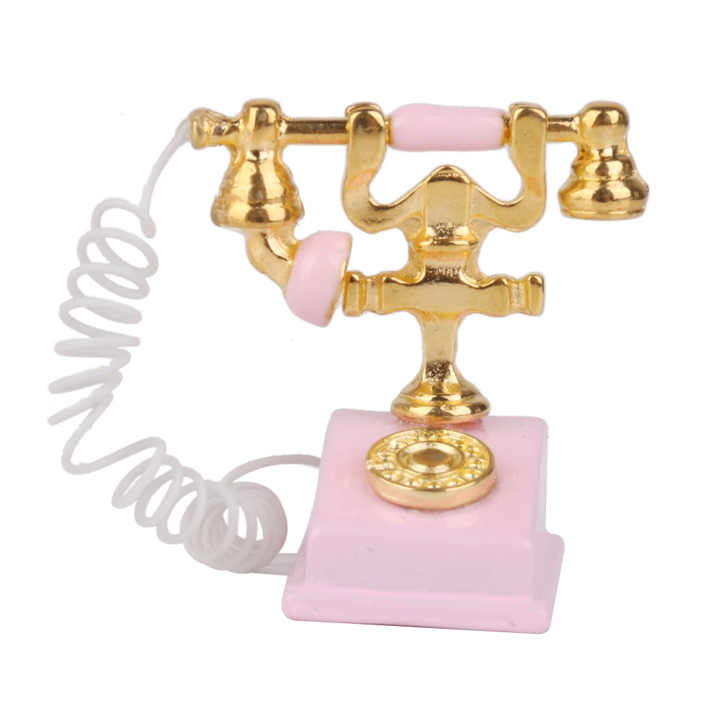 1/12 Retro Phone Pink Vintage Desk Telephone Dollhouse Miniature Simulation Toy