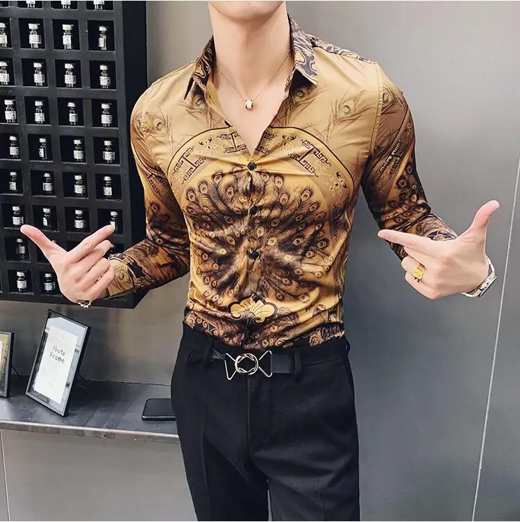 Мужская рубашка с принтом павлина золотого и черного цветов, мужские облегающие рубашки, модные мужские рубашки с длинным рукавом, Camicia Uomo Camiseta Masculin - Цвет: Золотой