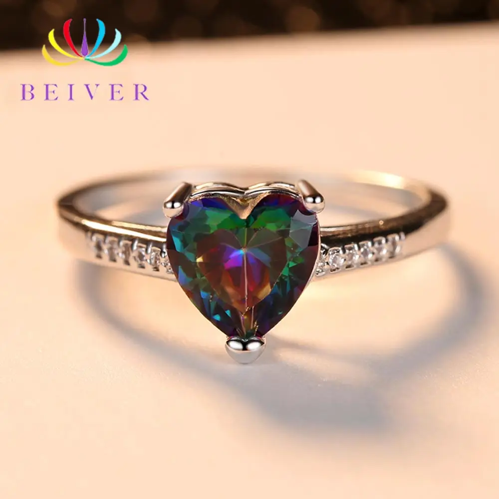 

Beiver 2019 New Arrival White Gold Color Rainbow Heart-Shaped Zircon Promise Wedding Bands Rings for Women Romantic Gift