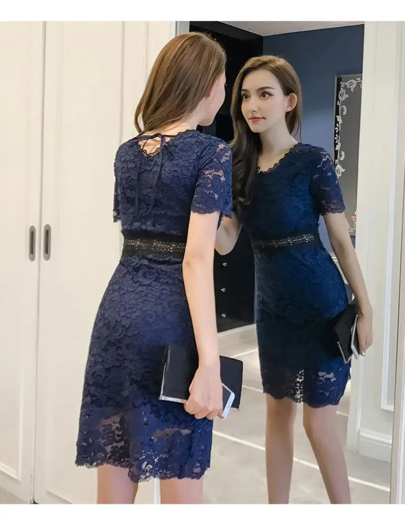 2018 New Red Blue Spring Summer Lace Women dress Short Sleeve Slim Collect Waist In Long Dresses S-XL