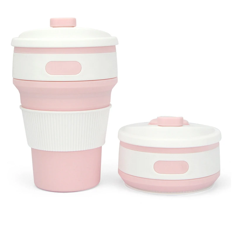 Кофейные чашки складные силиконовые кружки для путешествий 350 мл многоразовые складные BPA бесплатно с крышками портативные подходящие карманы рюкзак - Цвет: Pink