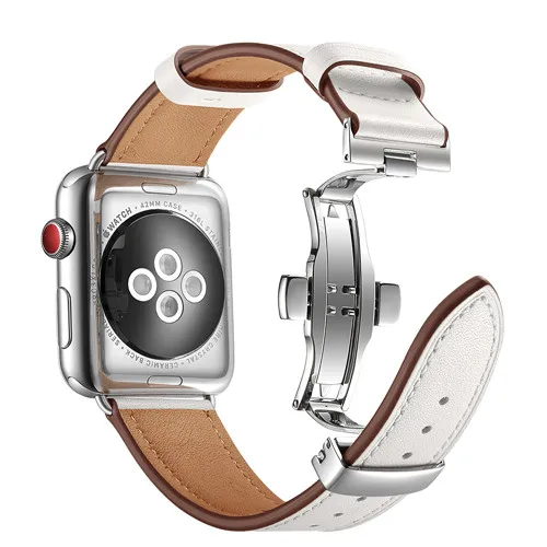 Кожаный ремешок для apple watch 5 4 band correa apple watch 42 мм 38 мм 44 мм 40 мм iWatch 4 3 2 Butterfly buckle pulseira ремешок для часов - Цвет ремешка: Silver button