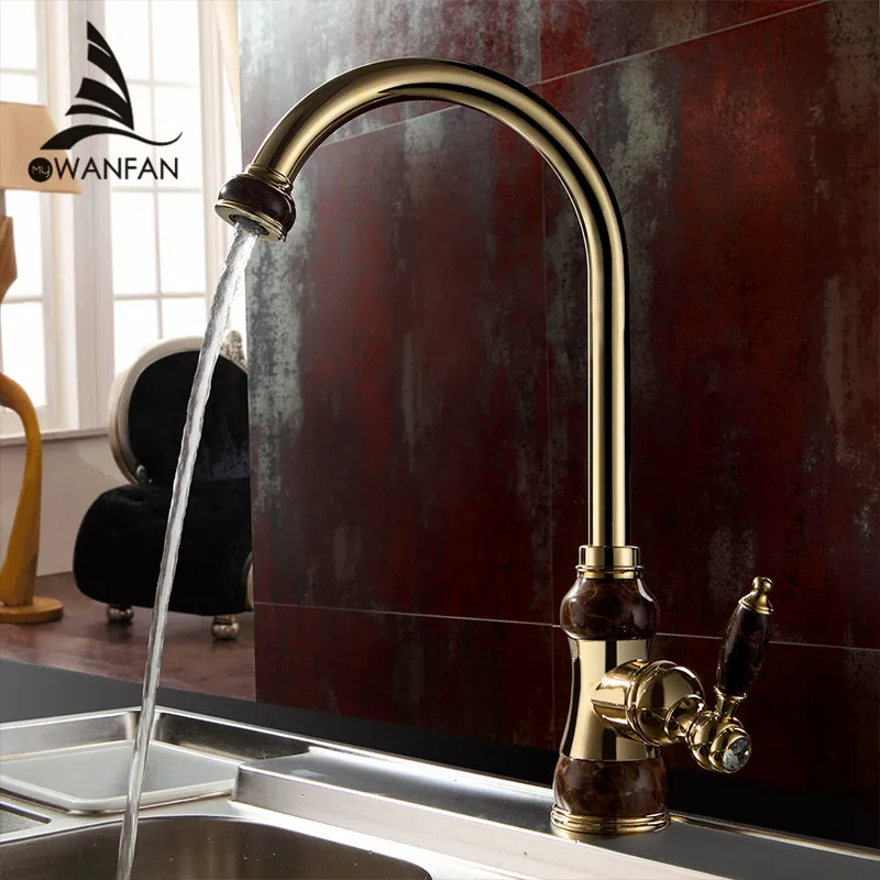 Free Shipping Brass with Marble kitchen faucet single handle Gold finish basin sink mixers taps kitchen