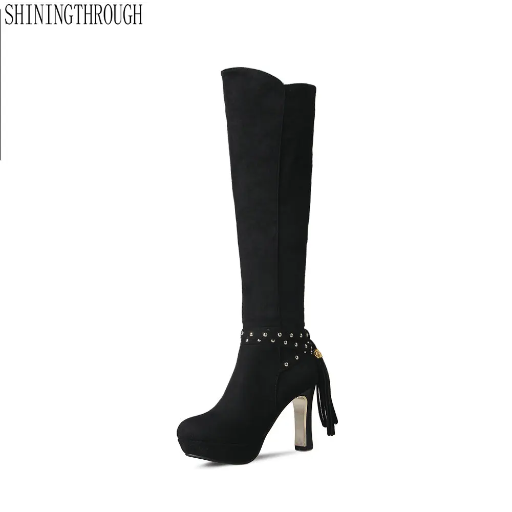 

2018 New sexy knee high Boots high heels shoes woman black red Women's Boots winter boots woman large size 34-43