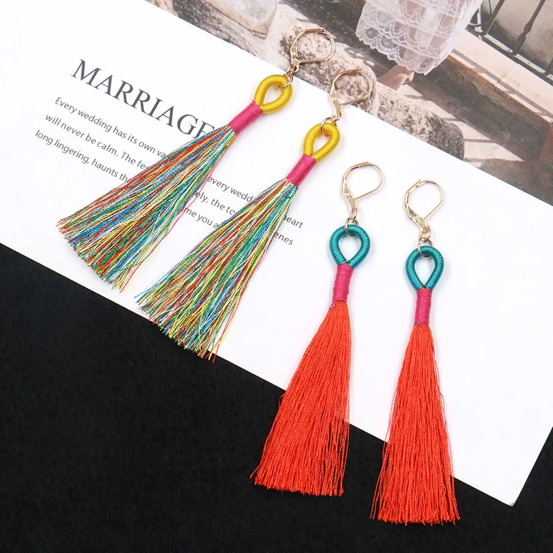 

New Tassel Fabric Earrings Multi-color Long Pendant Ear Clip Bohemian Ethnic Accessories for Women 2019
