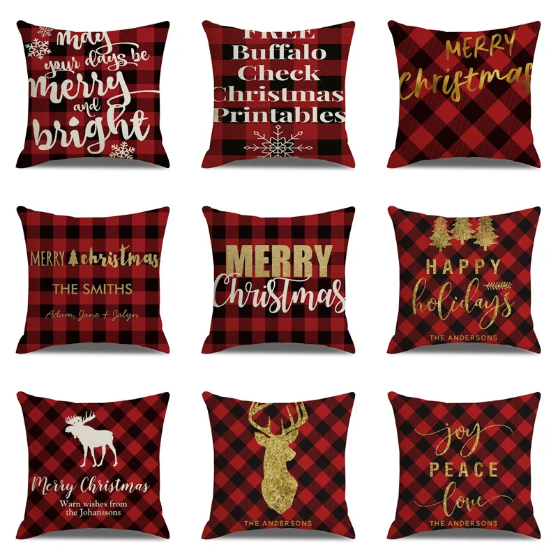 

Christmas Cushion Cover Red Plaid Golden Deer Print Linen Pillowcase Home Decor for Sofa Seat Bedroom Decorative Covers 45x45cm
