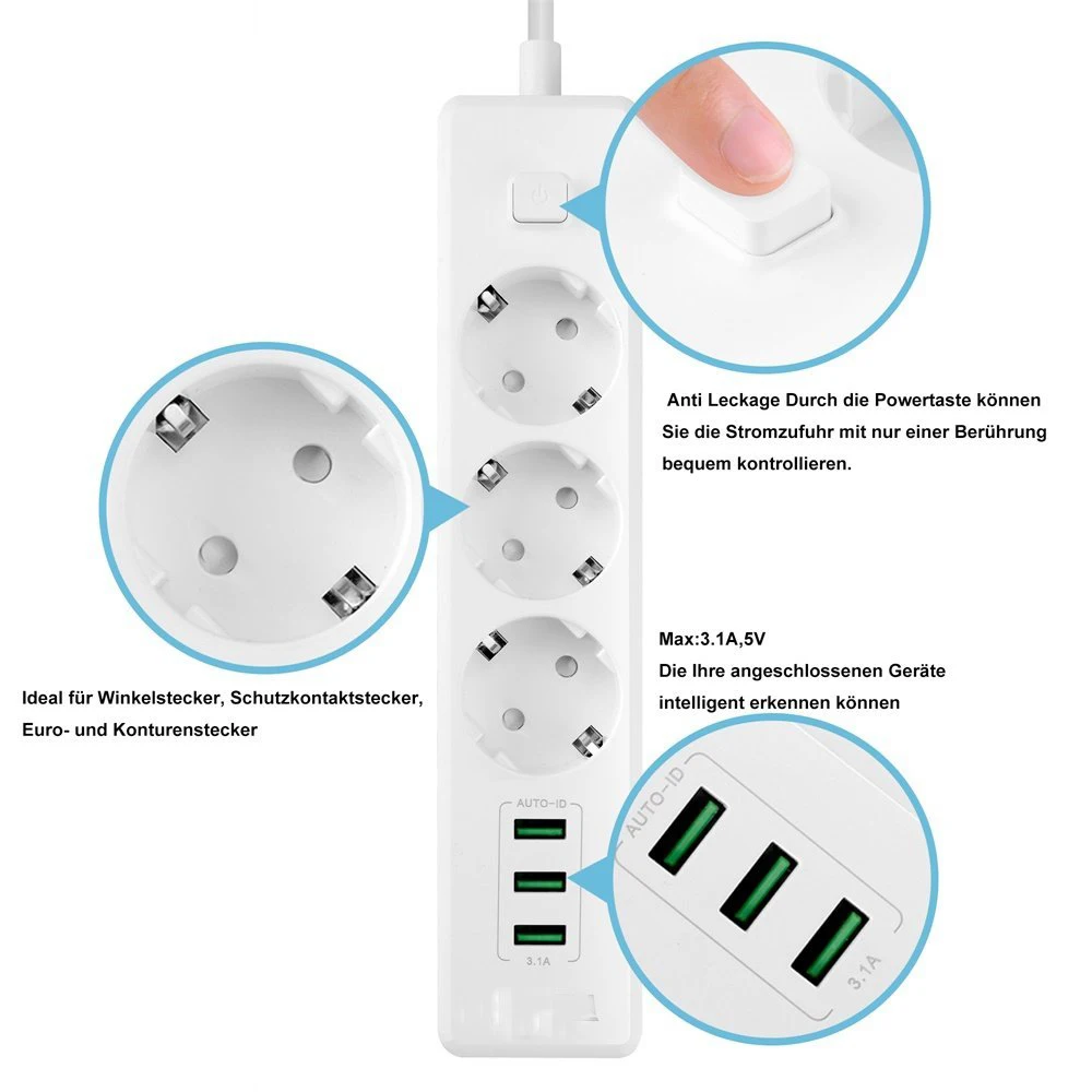 Блок питания несколько розеток С USB 3 портами 5 В/3.1A 2500 Вт функция переключения питания Outlets1.8m удлинитель для телефонов планшетов