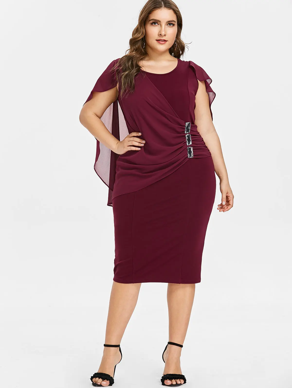 

Wipalo Plus Size 5XL Capelet Knee Length Fitted Party Dress Women Sleeveless Scoop Neck Sheath Dress Rhinestone Overlay Vestidos