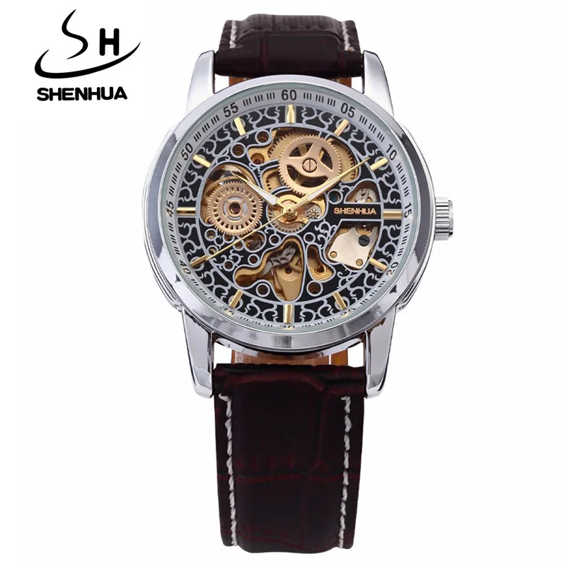 Известный бренд Shenhua часы Мужские Винтажные автоматические механические часы с скелетом для мужчин кожаные мужские часы Relogio Masculino - Цвет: 1274brown