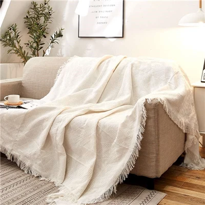 Однотонное белое одеяло для дивана, Хлопковое одеяло для путешествий, жаккардовое трикотажное одеяло с кисточками для дивана - Цвет: White T shape