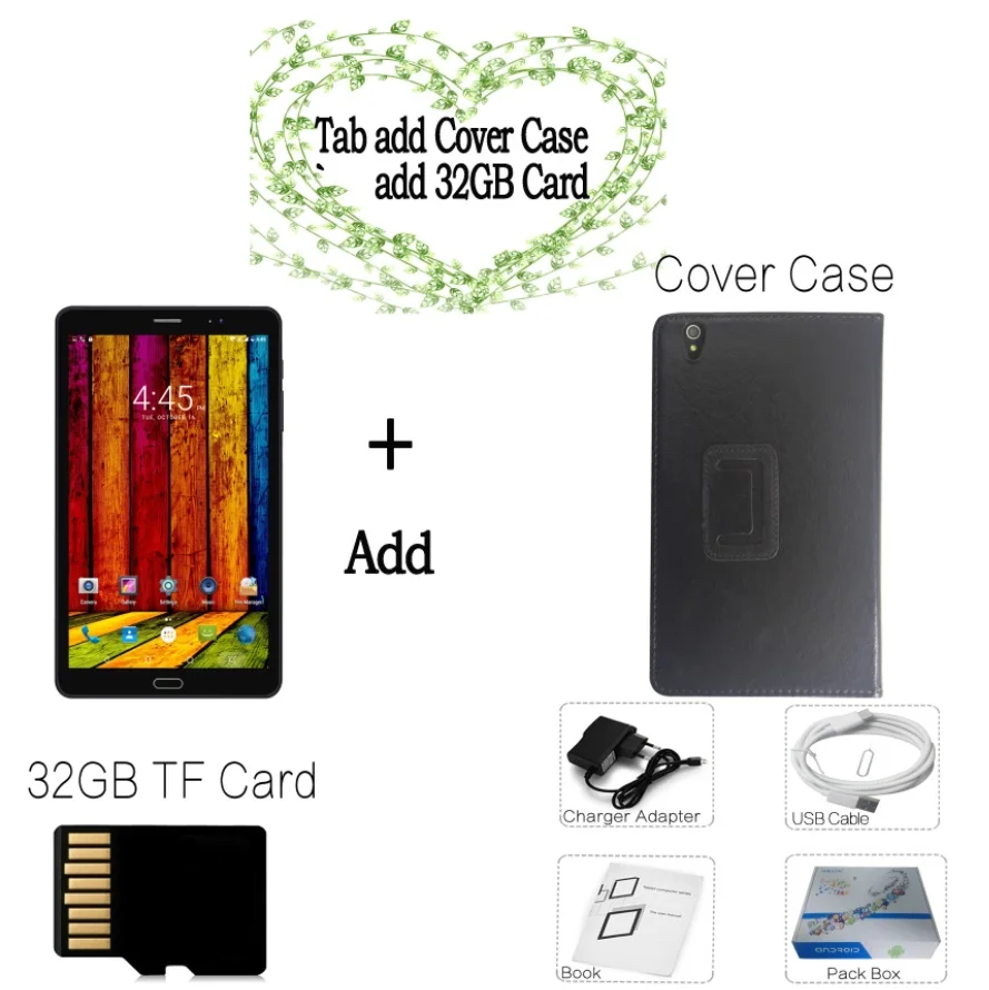 BDF 8 дюймов планшетный ПК 3g 4G LTE sim-карта Android 7,0 четырехъядерный планшетный ПК 4 Гб ОЗУ+ 64 Гб ПЗУ Мобильный Телефон Вызов сетевая панель ПК - Комплект: Tab Cover 32GB Card