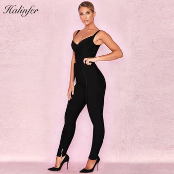 

Halinfer 2018 autumn women sexy Jumpsuit V-Neck Sashes Black Rayon Bandage Elegant celebrity party Jumpsuit vestidos