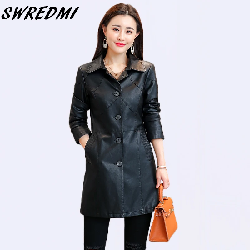 

SWREDMI Spring And Autumn Women Long Leather Trench Turn-down Collar Feminino Leather Coat High Street Wear