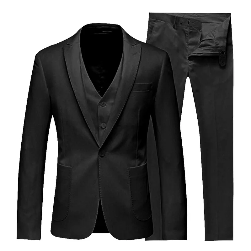 Oeak, роскошный Мужской приталенный модный Блейзер, набор из 3 предметов, костюм, новинка, однотонный жилет на пуговицах и брюки - Color: Black