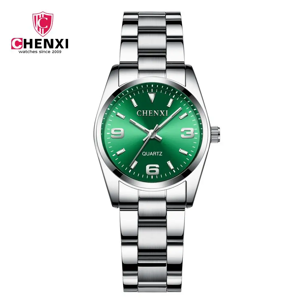 Мода Chenxi бренд женский студенческий полный стальной Повседневное платье подарочные часы водонепроницаемые парные поперечные кварцевые наручные часы 003a - Цвет: Green For Lady